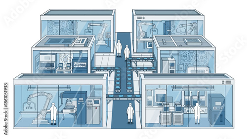 A futuristic, modular laboratory complex with automated systems and personnel in cleanroom suits, illustrating advanced scientific research and development.