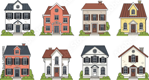 Flat residential house illustration set with classic suburban home facades in clean vector style
