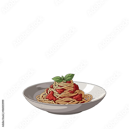 A plate of spaghetti with tomato sauce and basil leaves. Perfect for food blogs, restaurant menus, culinary websites.