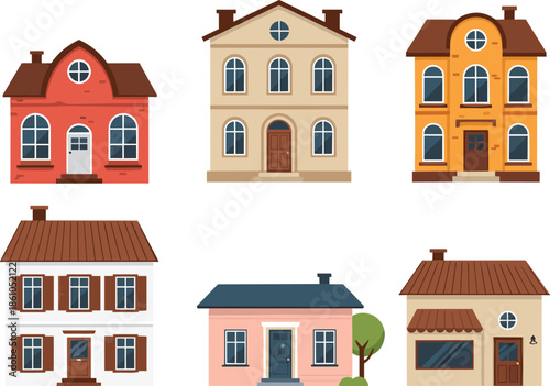 Flat residential house illustration set with classic urban home facades in clean colorful vector style