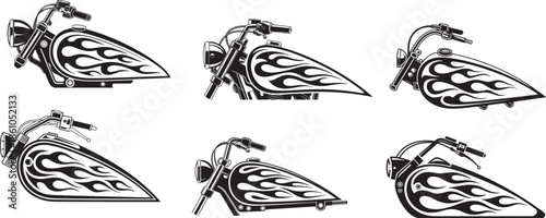 Six different black and white motorcycle fuel tank illustrations with flame accents