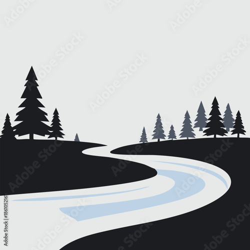 Frozen River Background. A minimalist illustration of a winding river surrounded by stylized evergreen trees against a light gray background.