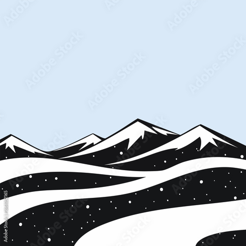 Winter Hill Background. A minimalist illustration of snow-covered mountains under a clear blue sky, featuring a wavy landscape and scattered snowflakes.