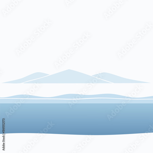 Snowy Landscape Background. A serene minimalist landscape featuring soft blue hues, depicting mountains over a tranquil body of water.