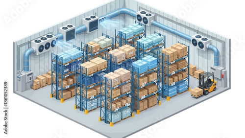 Isometric view of a modern cold storage warehouse with racks, boxes, and a forklift, illustrating logistics and inventory management.