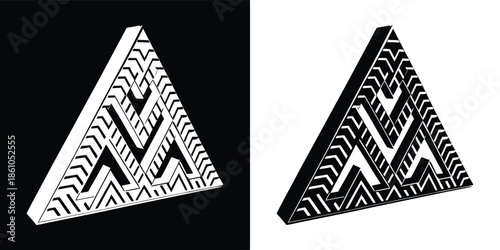 A captivating geometric triangle design with intricate patterns, presented in both black and white versions, creating a visually striking and versatile image