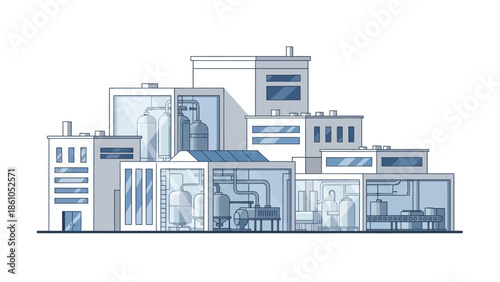 Modern industrial complex with transparent walls revealing manufacturing processes and equipment.