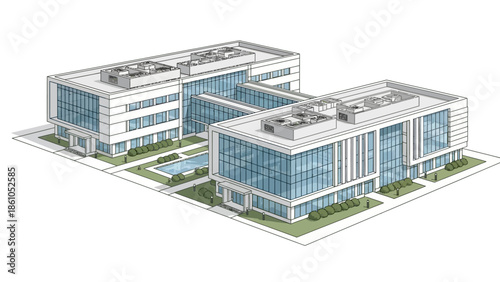 A modern, multi-story office building with glass facades and a connecting walkway, surrounded by landscaping and a small pool.