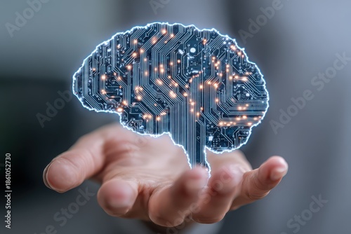 Innovative electronic brain design displayed on hand showcasing intricate circuit board patterns and glowing connections for advanced technology applications © Ifti Digital