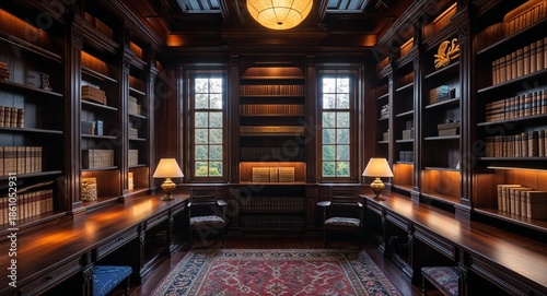 Dark Wood Library Room With Built In Shelves And Warm Lamplight