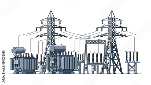 An illustration of a large electrical substation with multiple transformers and high-voltage power lines supported by tall transmission towers.