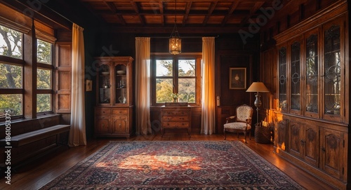 Heritage Timber Room With Antique Cabinet And Warm Afternoon Ambience
