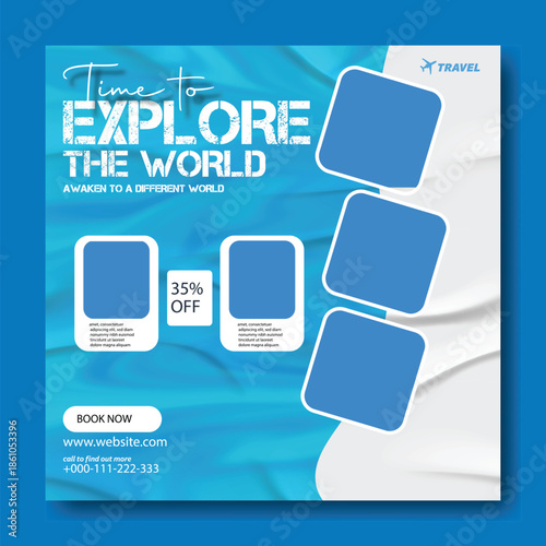 Time to Explore the World: Professional Travel Flyer and Social Media Kit, Modern Travel Package Flyer & Social Media Post Design with 35% Discount. Corporate Travel Agency Flyer and Square.