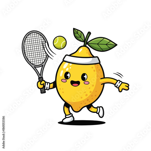 Cute cartoon lemon playing tennis, happy fruit character with racket and ball, active lifestyle.
