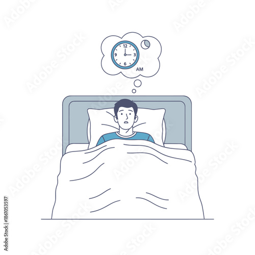 Man in bed unable to sleep, thinking of the time, insomnia concept