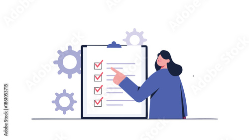 Businesswoman reviewing checklist on clipboard with gears