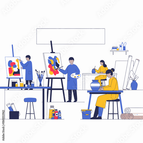 Art studio class with people painting and sculpting, creative workshop, colorful abstract art