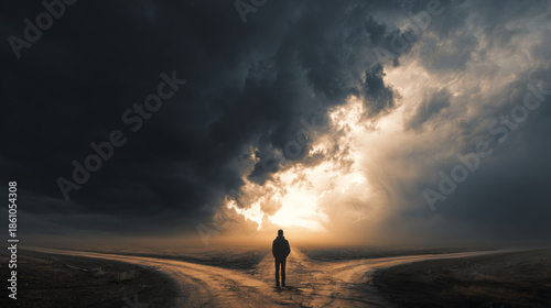 Person standing at a crossroads on a vast, open landscape under dark, stormy clouds with a bright opening in the sky