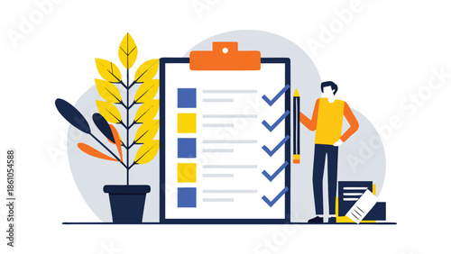 Man reviewing checklist with clipboard and pencil in hand standing confidently