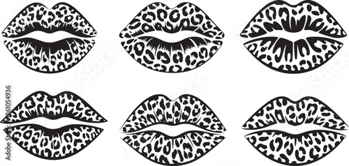 Set of leopard pattern lips silhouettes with various animal textures