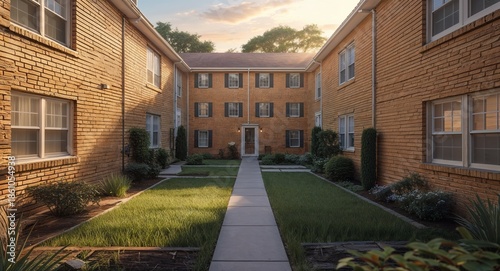Tan Brick Duplex With Narrow Yard Under Soft Morning Light