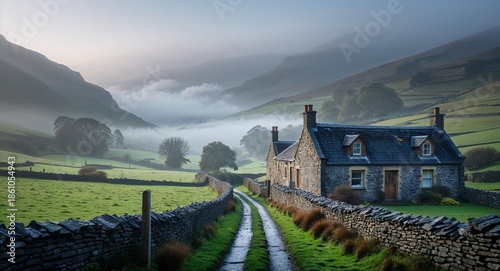 Stone Wall Heritage Cottage Under Morning Fog In Highland Valley