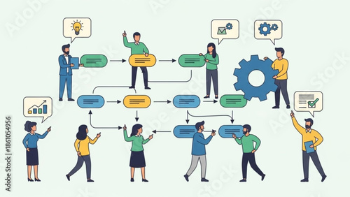 Business people communicating and collaborating on a complex workflow process with speech bubbles and colorful flowcharts
