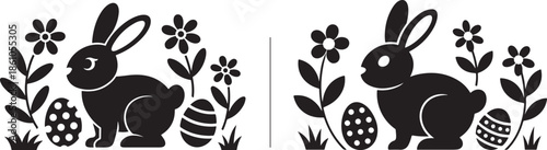 Seamless border of easter bunnies flowers and decorated eggs repeating spring holiday silhouette