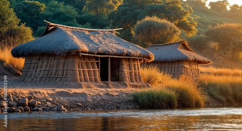 Traditional Hut With Mud Walls Beside Riverbank At Golden Hour