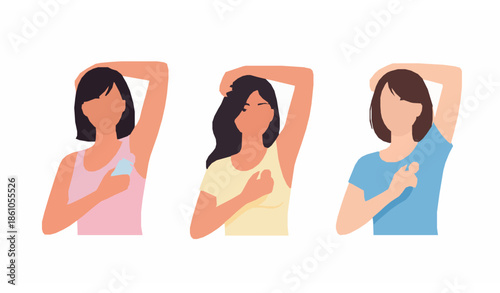 Underarm deodorant protection vector illustration set with women using antiperspirant isolated on white