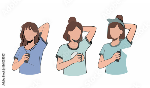 Women applying deodorant antiperspirant vector set for sweat protection and hygiene