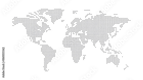 Halftone World Map Vector Illustration, minimalist dotted planet Earth with global continent layout for travel infographics, digital presentations, analytics visuals, and mapping concepts.