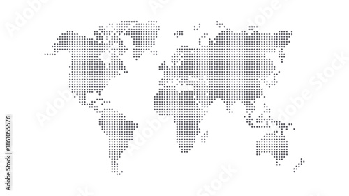 Halftone World Map Vector Illustration, minimalist dotted planet Earth with global continent layout for travel infographics, digital presentations, analytics visuals, and mapping concepts.