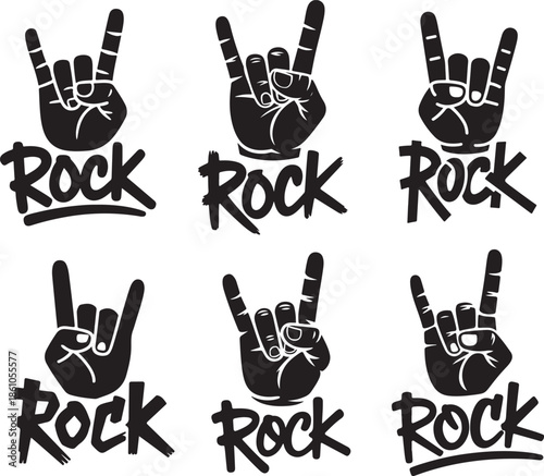 Rock hand sign gesture with text set, heavy metal rock and roll music symbol collection
