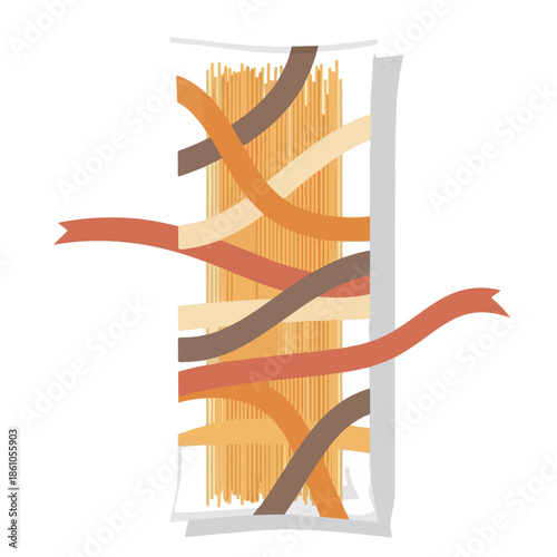 A colorful digital illustration of assorted spaghetti strands in a clear plastic bag on a white background. Perfect for food blogs, restaurant menus, culinary websites.
