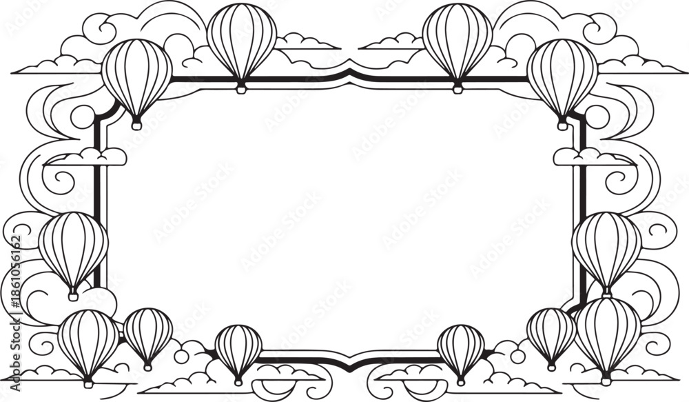 Obraz premium Ornate hot air balloon border with whimsical clouds and elegant scrollwork for creative invitations