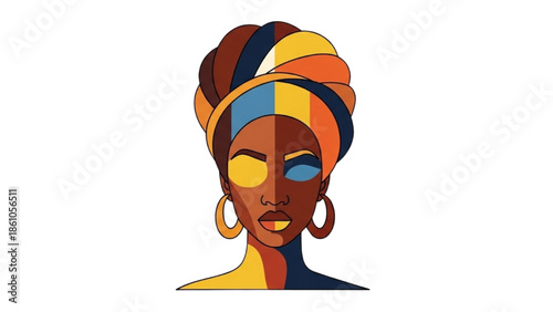 Vibrant illustration of a woman wearing a colorful headwrap and large earrings in a modern art style