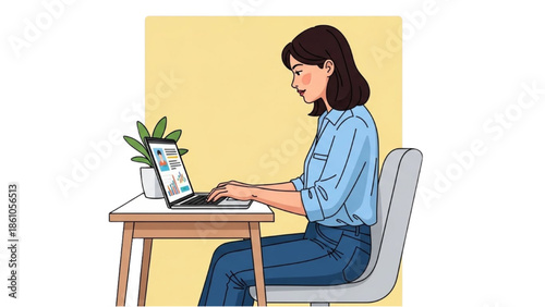 Woman working on laptop at desk with plant in a modern office setting