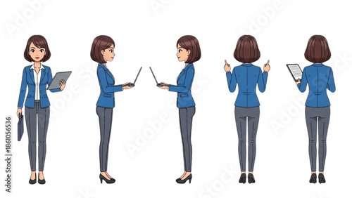 Illustration of a businesswoman in various poses with digital devices in a professional setting