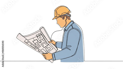 Engineer reviewing architectural plans in a professional setting