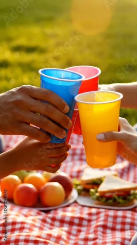 Friends toasting with colorful cups at a vibrant outdoor summer picnic, celebrating togetherness and good times on a checkered blanket with food.