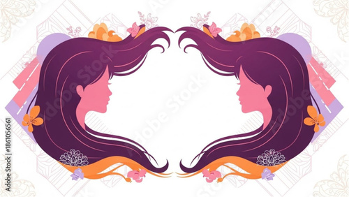 Elegant silhouettes of women with flowing hair framed by vibrant floral patterns and ornaments in a decorative illustration