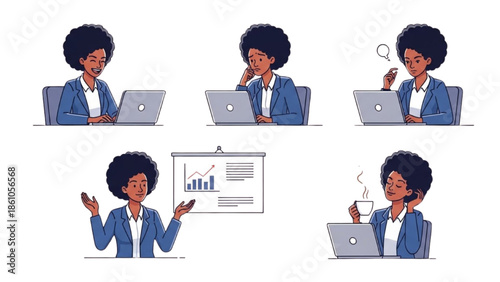 Illustration of a businesswoman working on laptop and presenting data in various office settings