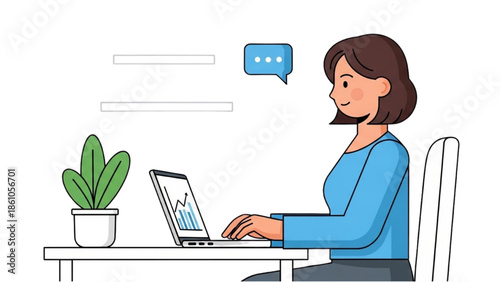 Illustration of a woman working on a laptop at a desk with a plant nearby in a simple office setting