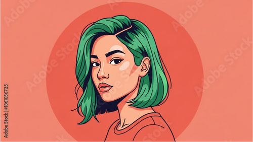 Illustration of a young woman with green hair in a modern setting, viewed from the side.