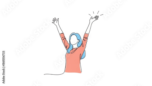 A woman celebrating with raised arms and joyful expression in a minimalist illustration