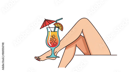 A woman's legs resting beside a colorful cocktail with umbrella and fruit slice on a beach