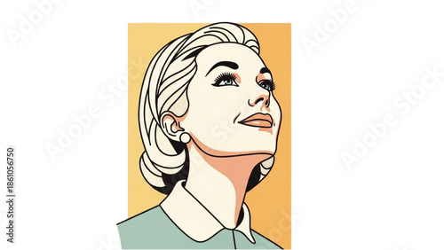 Illustration of a mature woman with an elegant hairstyle looking upwards against a warm background
