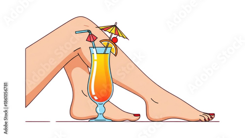 A woman's legs resting beside a colorful cocktail with umbrellas and straws on a white surface.