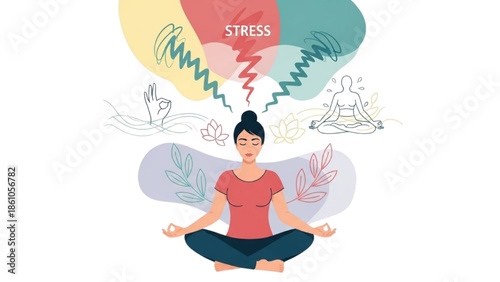 A serene woman meditates amidst swirling stress and peaceful elements in a vibrant illustration